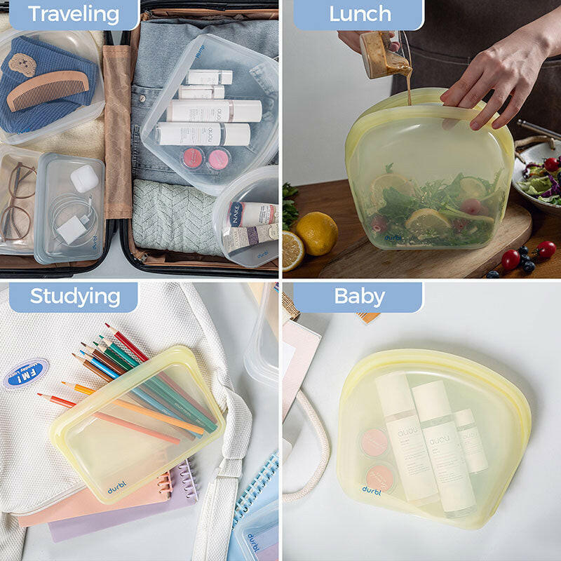 Reusable silicone bags used for travel, lunch, studying, and baby care organization