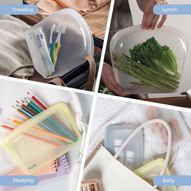 Durbl Reusable Silicone Bags, 5 Pack(Clear), Snack+Sandwich+Half-Gallon,  Microwave, Dishwasher and Freezer Safe Silicone Bags For Food & Travel